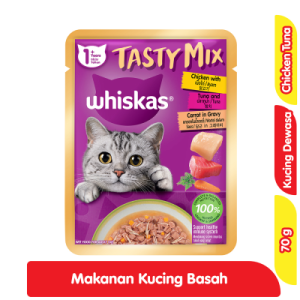 Whiskas Tasty Mix Makanan Kucing Basah Adult Ayam Tuna Pouch 70 g